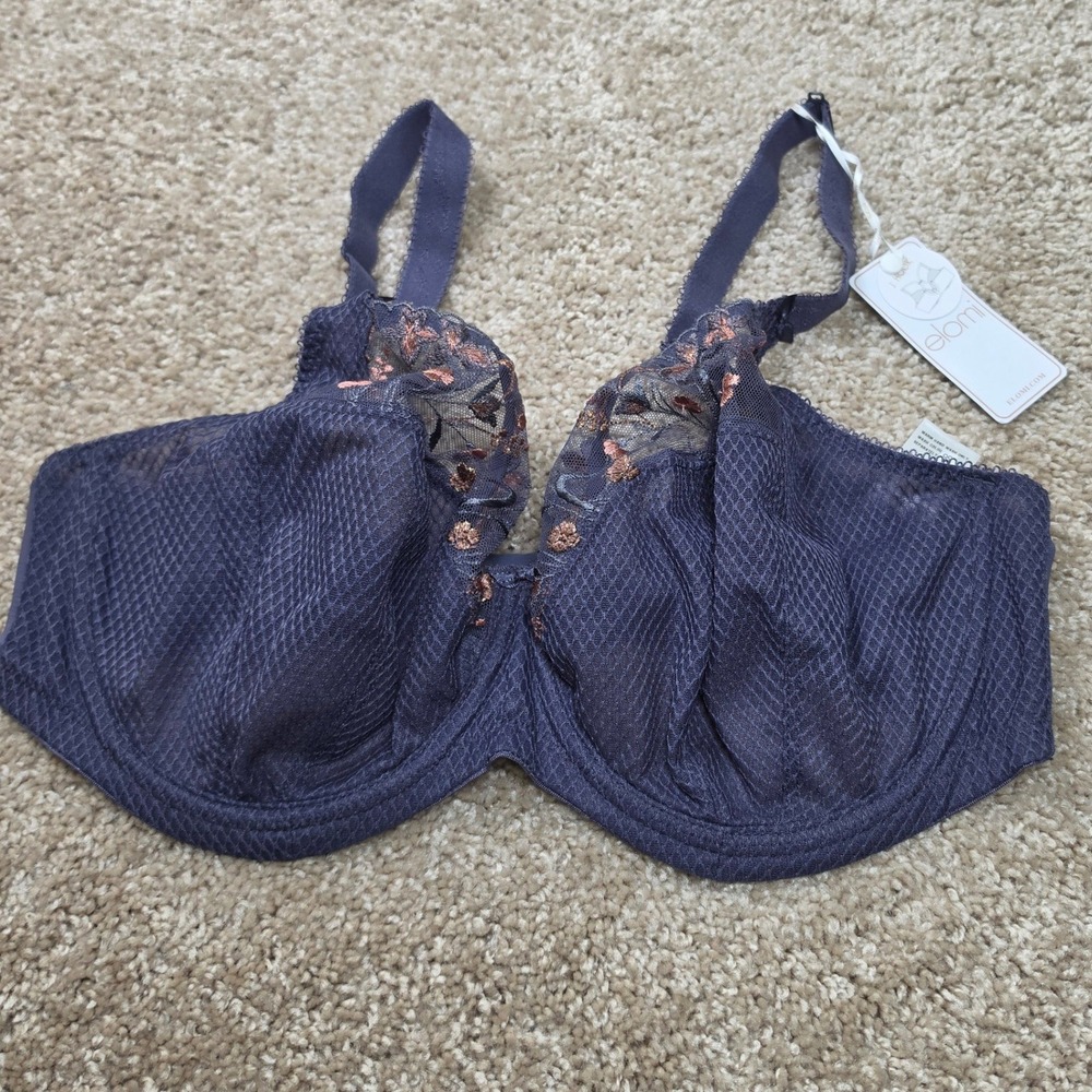 Elomi Bra Charley Floral Embroidered Mesh Plunge Storm Purple 36H